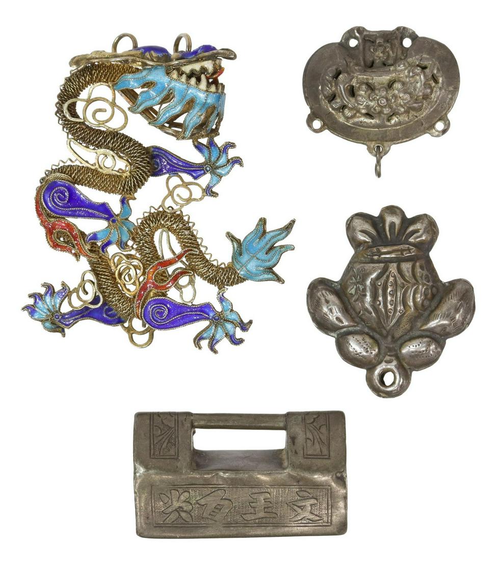 (4) CHINESE DRAGON PENDANT, SILVER LONGEVITY LOCKS (1 of 3)