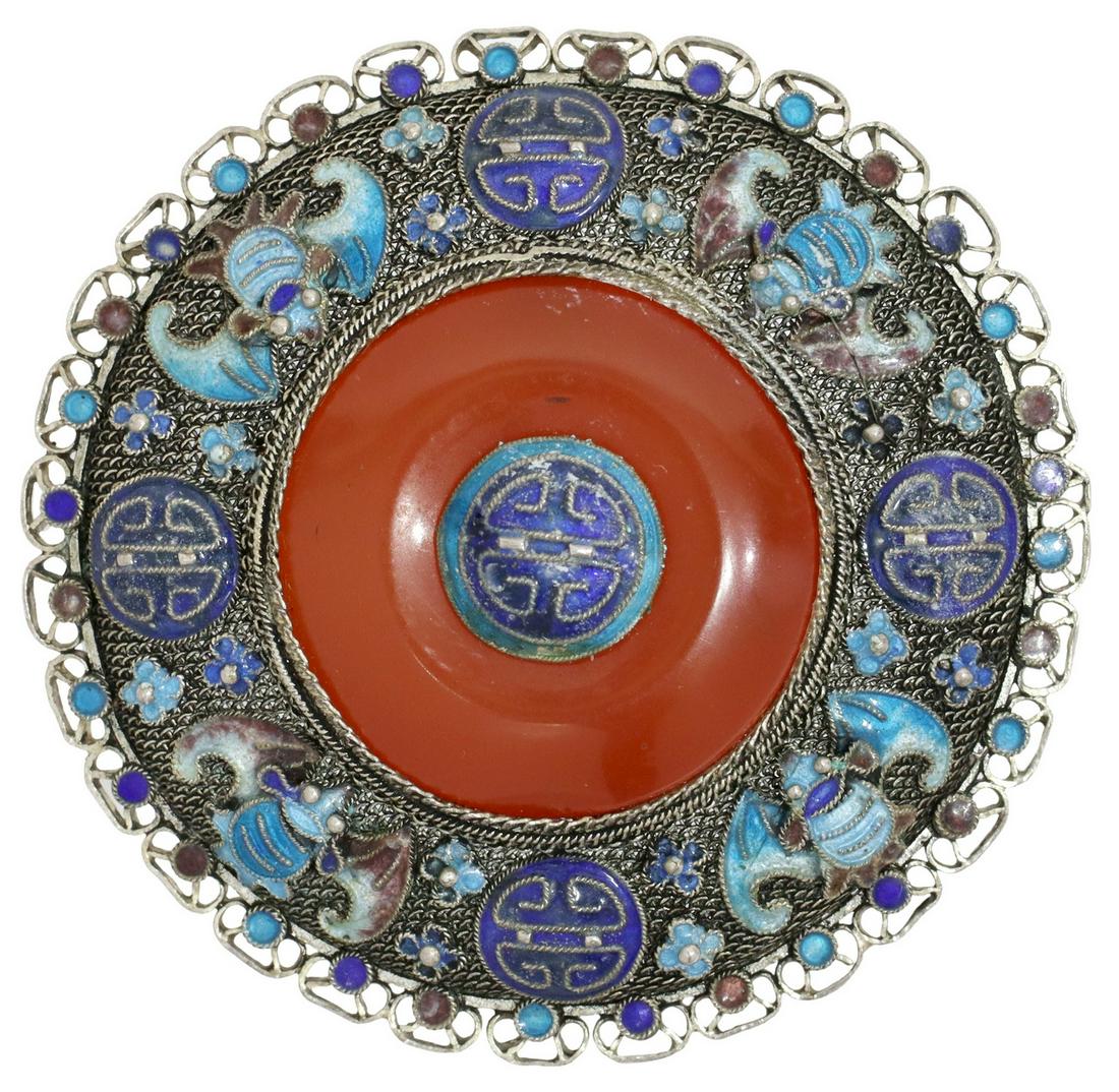 CHINESE SILVER FILIGREE CARNELIAN & ENAMEL BROOCH: Estate Chinese silver (content unknown) filigree brooch, central carnelian disc, framed by blue enamel bats, Chinese character Shou, some small losses to enamel, approx 2"diam, 21 grams (inclusive of 