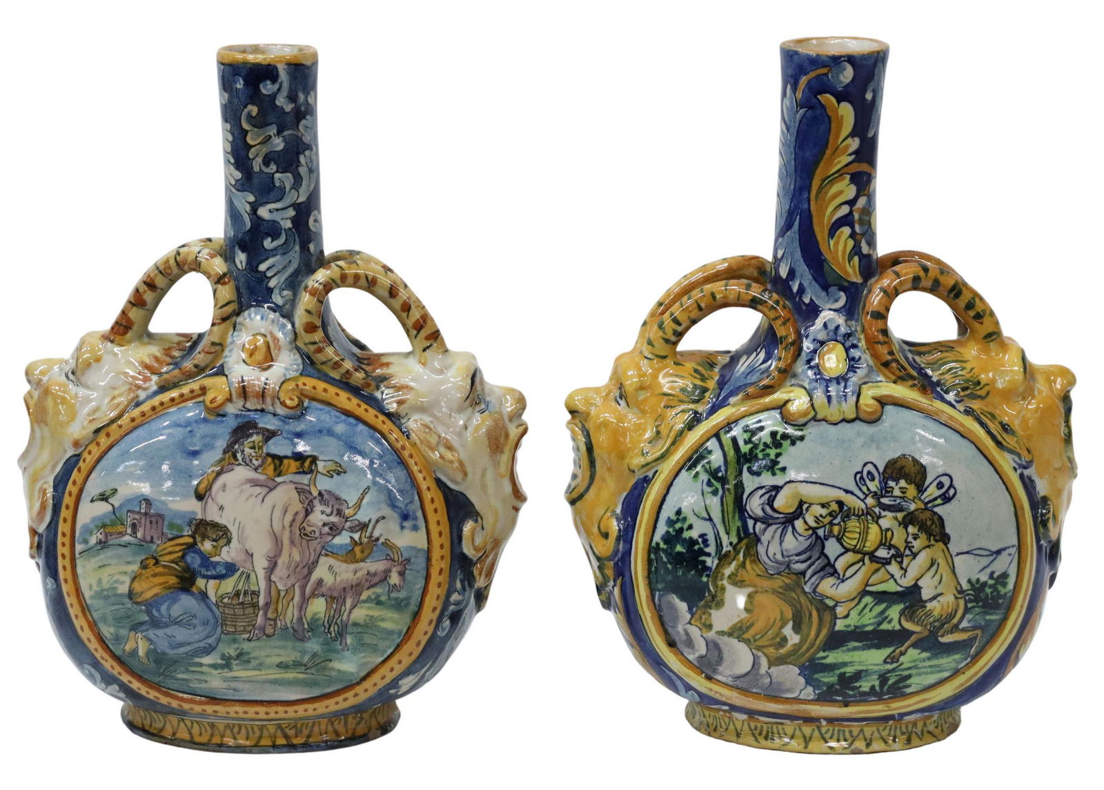 2) ITALIAN MAJOLICA SATYR MASK MOON FLASK VASES (1 of 5)