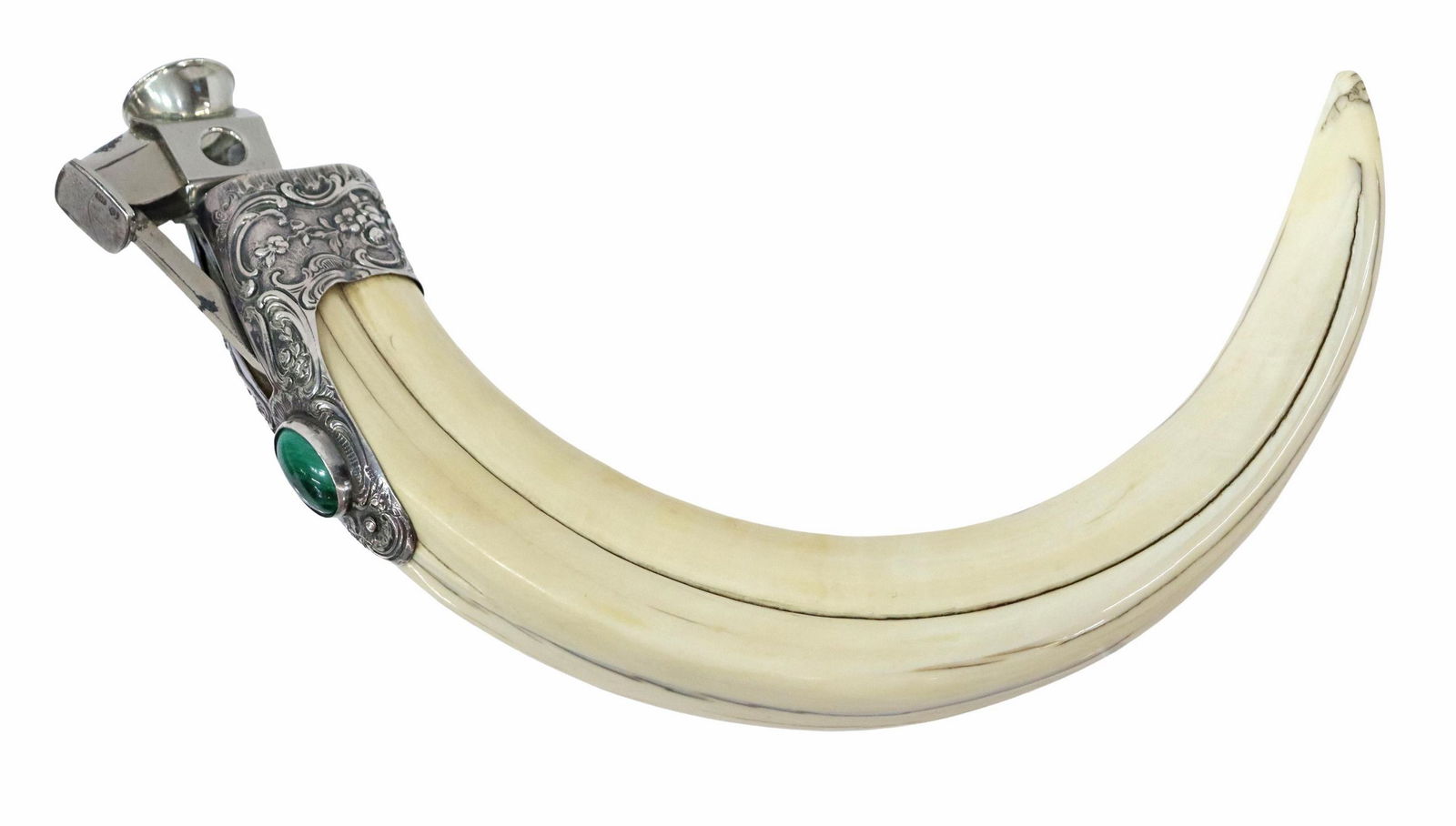 GERMAN 800 SILVER MOUNTED BOAR'S TUSK CIGAR CUTTER: German 800 silver-mounted cigar cutter, J.D. Schleissner Sohne, 800 silver mount with repousse floral pattern, bezel-set malachite cabochon, handle fashioned from a boar's tusk, approx 8.75"l, 309 gra