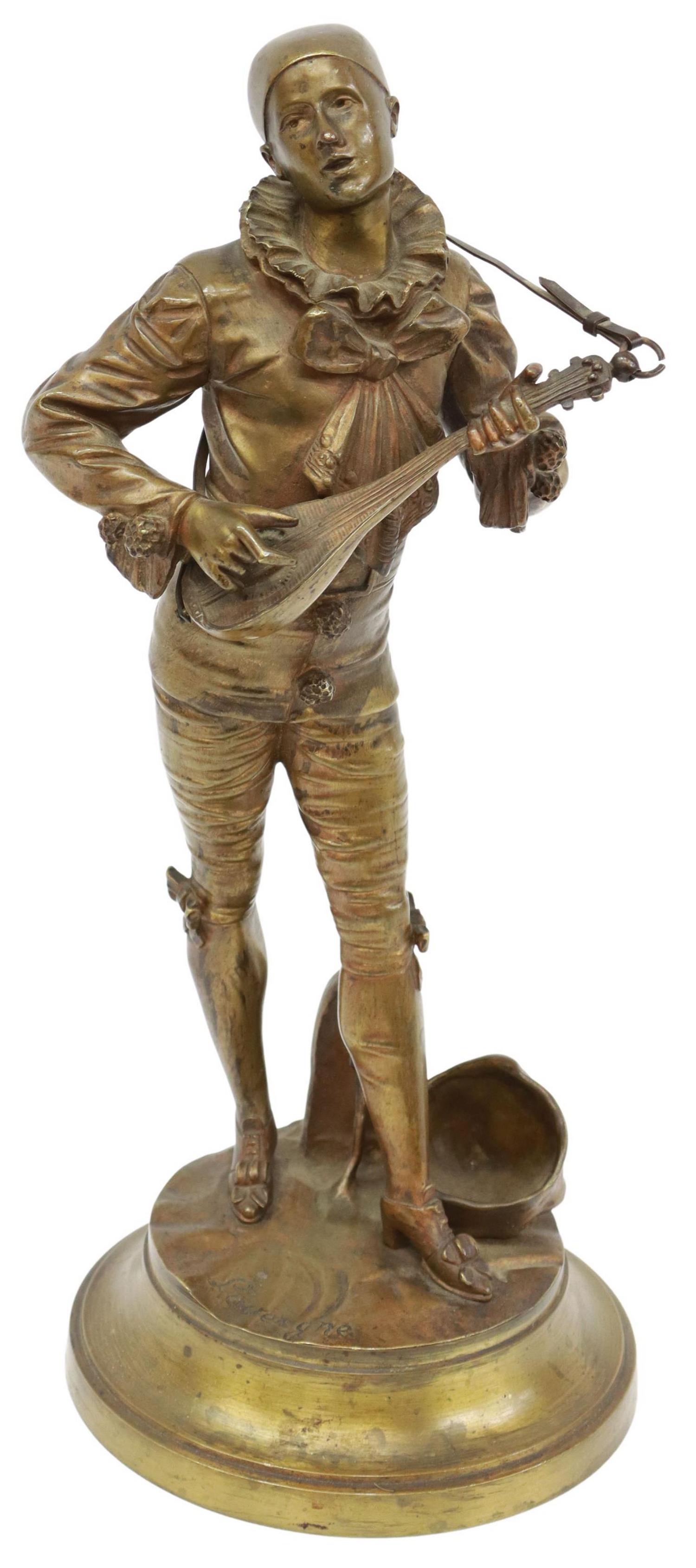 ADOLPHE JEAN LAVERGNE (1852-1901) PIERROT BRONZE: Bronze sculpture, Pierrot with Lute, signed in cast after Lavergne (Adolphe Jean Lavergne, French, 1852-1901), approx 15.5"h, 6.5"diam, 9.75lbs Start Price: $300.00