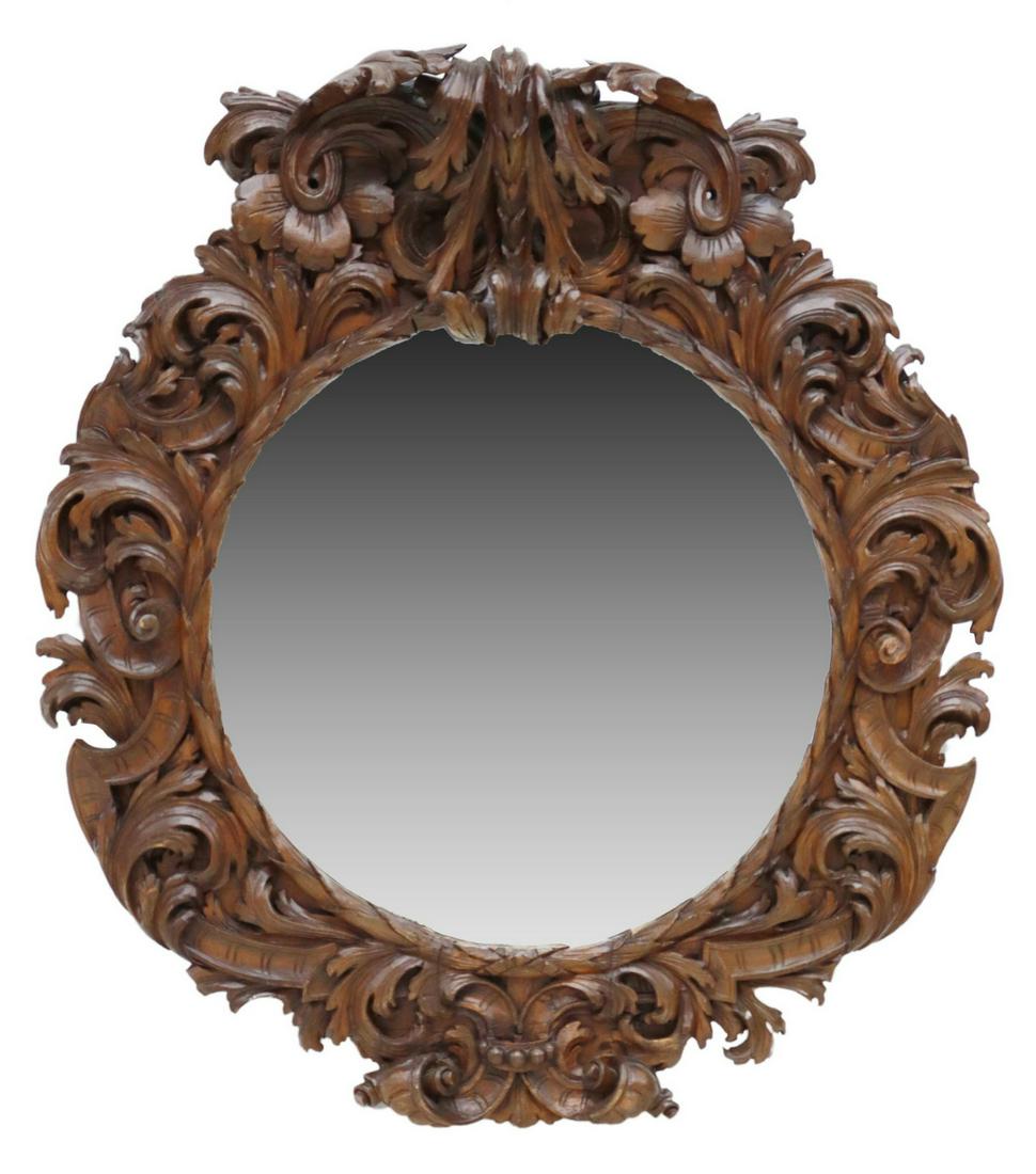BAROQUE STYLE CARVED WOOD ROUND WALL MIRROR (1 of 3)