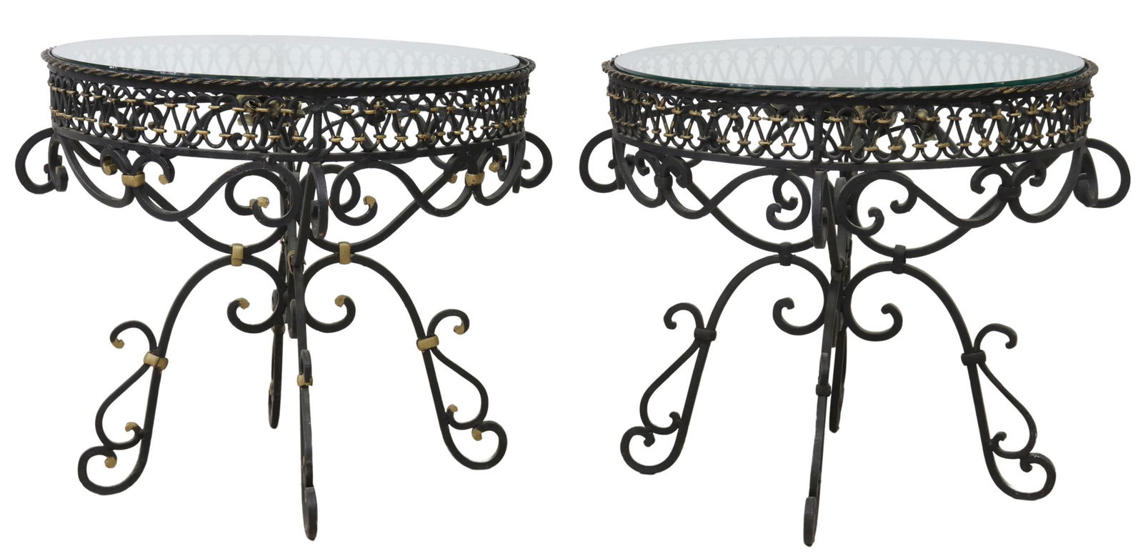 (2) GLASS-TOP WROUGHT IRON ROSE SIDE TABLES (1 of 3)