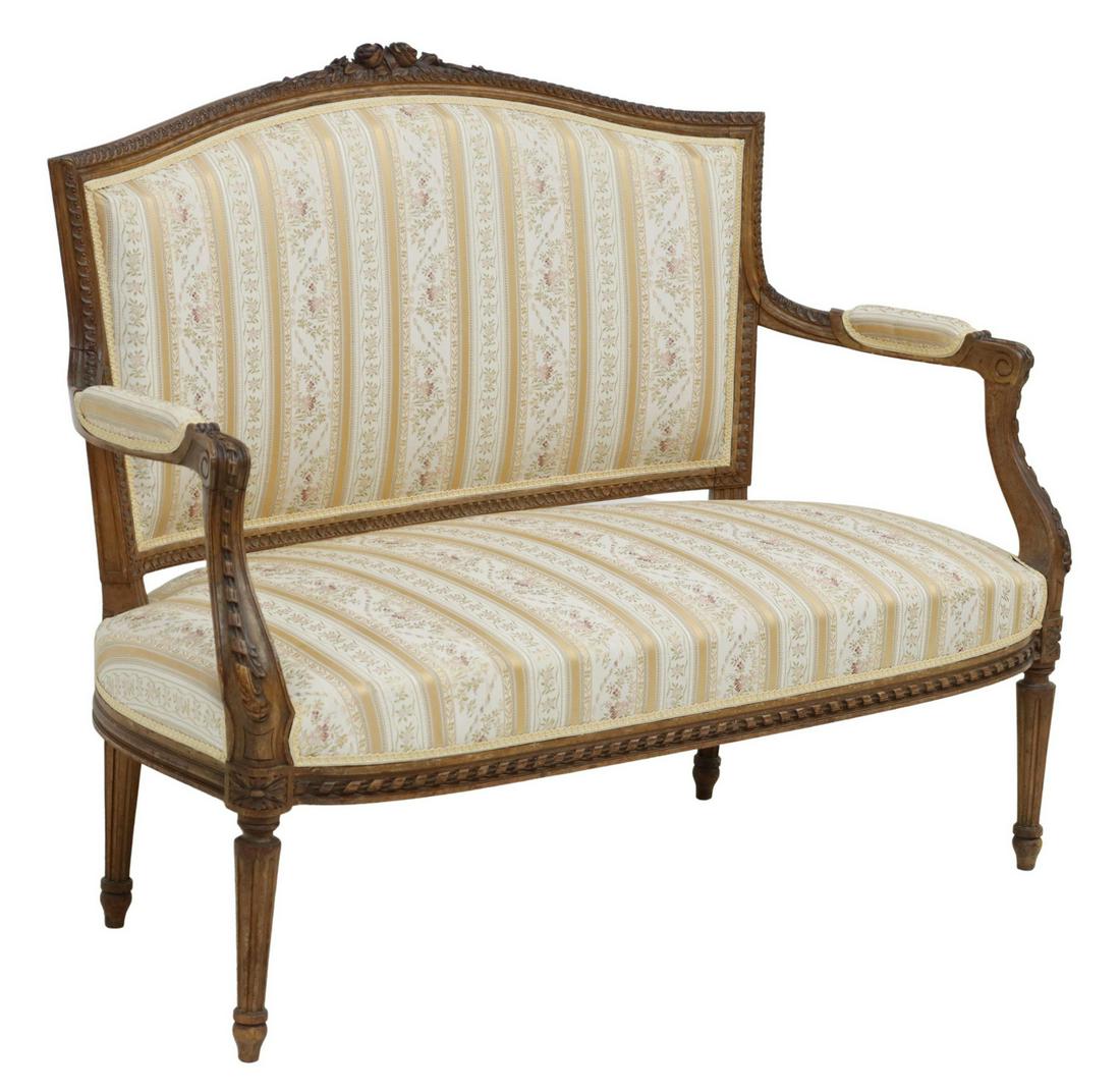 FRENCH LOUIS XVI STYLE UPHOLSTERED SALON SETTEE (1 of 3)