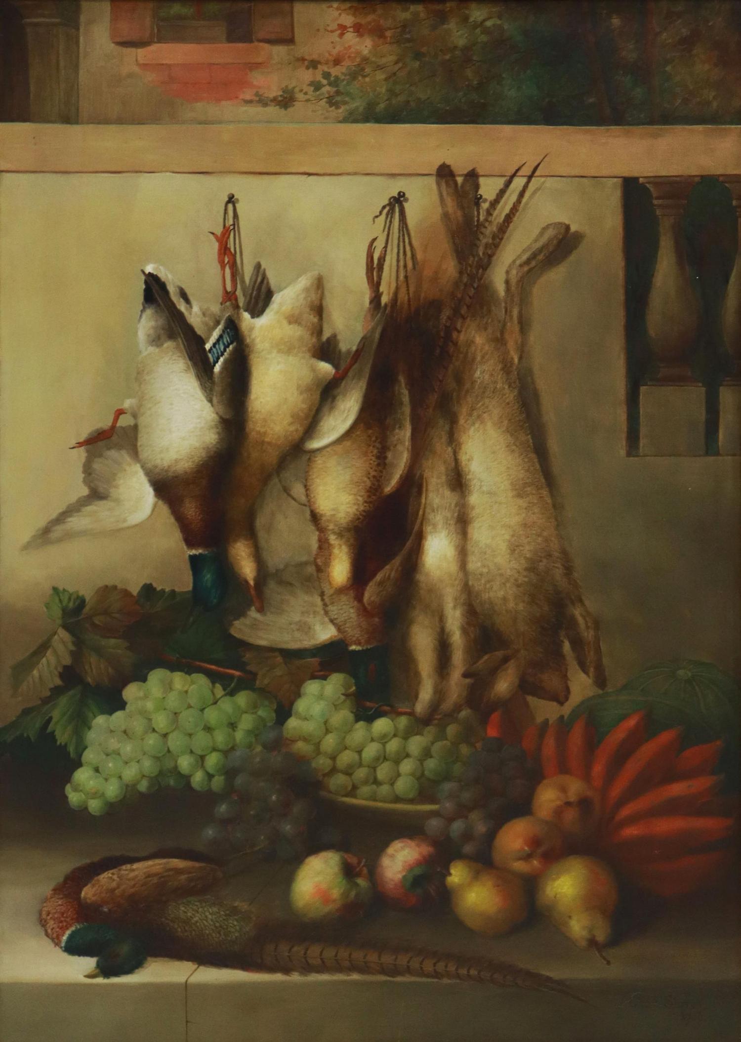 CHARLES STORER (1817-1907) STILL LIFE PAINTING: Framed oil on canvas painting, Still Life with Game Birds, Hares, and Fruit, signed lower right Chas Storer (Charles Storer, American, 1817-1907), dated 1906, sight: approx 39.5"h, 27.5"w, overall: ap