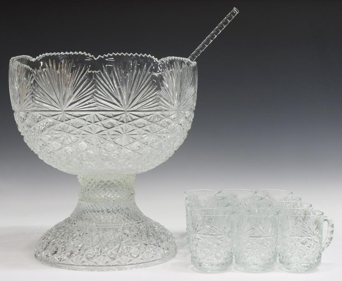 (14) CUT GLASS PEDESTAL PUNCH BOWL, LADLE & CUPS (1 of 5)