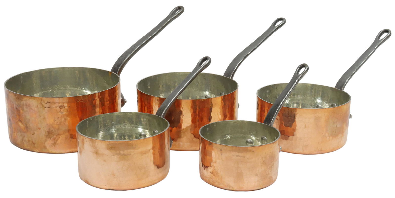 (5) FRENCH HAMMERED COPPER GRADUATED SAUCEPANS (1 of 3)