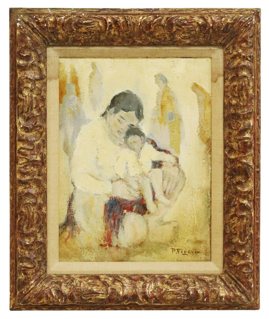 PEDRO FIGARI (1861-1938) MOTHER & CHILD, 16" X 12": Framed oil on board painting, Mother and Child, signed lower right P. Figari (Pedro Figari, Uruguayan, active in France, 1861-1938), sight: 15.5"h, 11.5"w, overall: 23.25"h, 19.25"w, 5.25lbs Start Pri