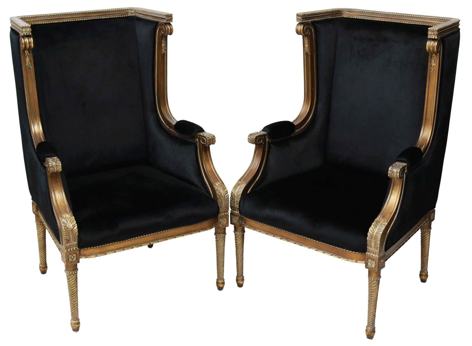 (2) LOUIS XVI STYLE GILTWOOD BLACK VELVET BERGERES: (pair) Louis XVI style armchairs, 21st c., shaped giltwood frame with beaded molding, over black velvet upholstered back and seat, acanthus scrolled handholds, rising on spiral tapered legs, approx 41