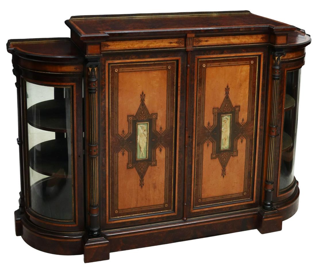 ENGLISH GILLOW & CO. NEOCLASSICAL DISPLAY CABINET: English Neoclassical display cabinet, Gillow & Company, Lancaster, last quarter 19th c., satinwood and burlwood banded case, centered double doors with inset figural plaques, likely depicting Hercules