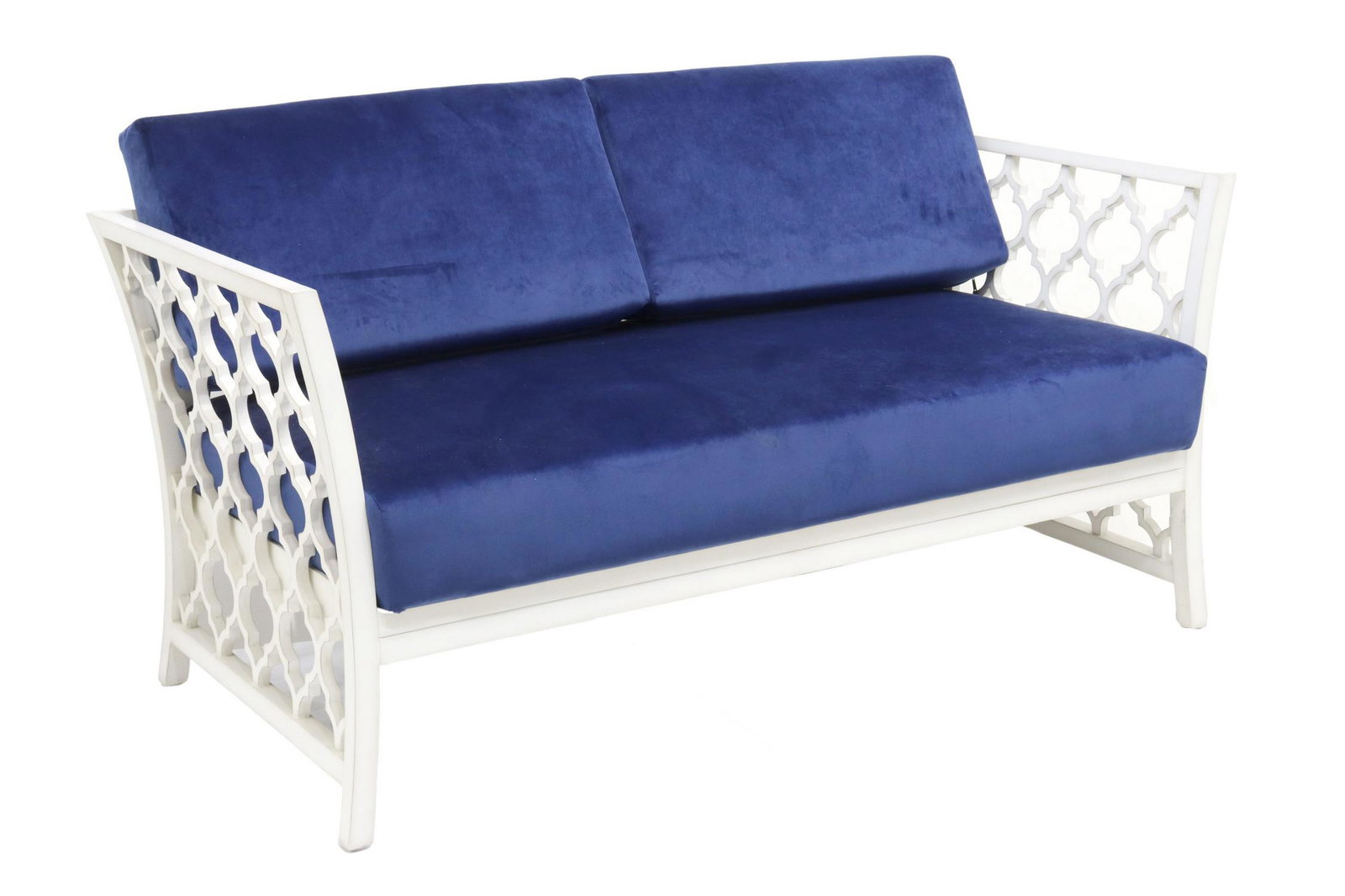 BUNGALOW 5 (ATTRIB.) 'PARKAN' UPHOLSTERED SETTEE: "Parkan" settee, attributed to Bungalow 5, 21st c., having white quatrefoil openwork frame, upholstered in blue velvet, rising on slightly curved legs, approx 32.5"h, 59.25"w, 30"d Start Price: $400.0