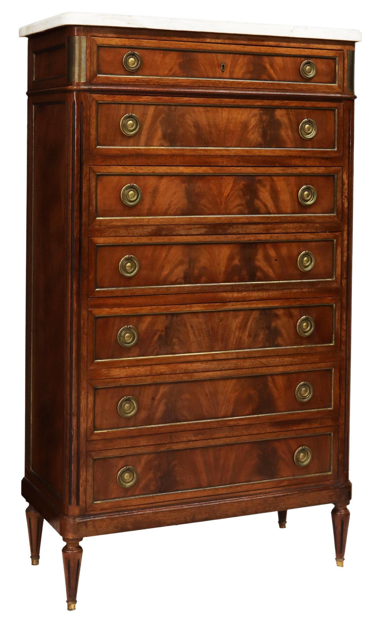 FRENCH LOUIS XVI STYLE MAHOGANY SEMAINIER CHEST (1 of 4)