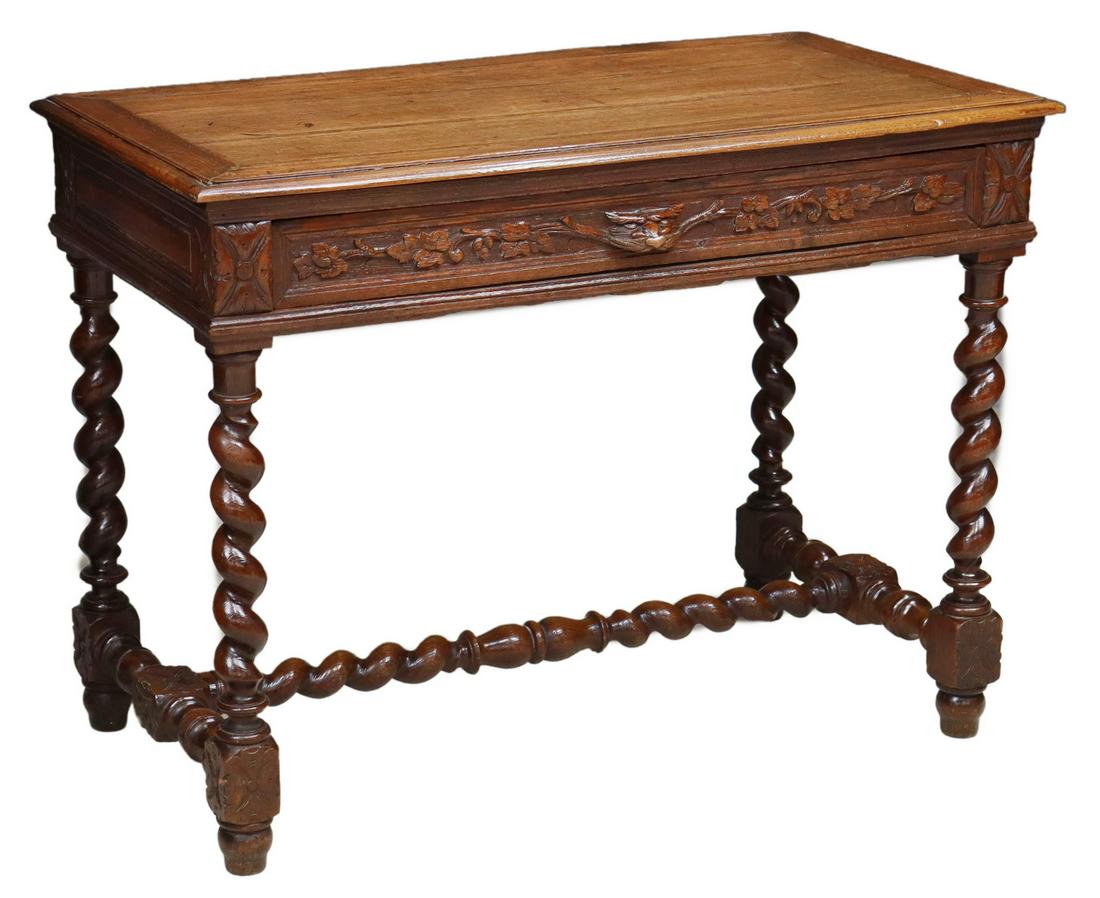 FRENCH LOUIS XIII STYLE CARVED OAK WRITING TABLE (1 of 5)