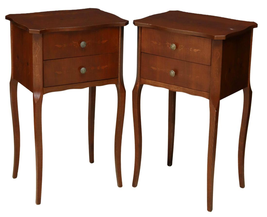 (2) ITALIAN LOUIS XV STYLE NIGHTSTANDS: (pair) Italian Louis XV style nightstands, 20th c., accented with floral and foliate scroll faux marquetry, two drawers, rising on cabriole legs, approx 29"h, 17.25"w, 13.25"d Start Price: $200.00