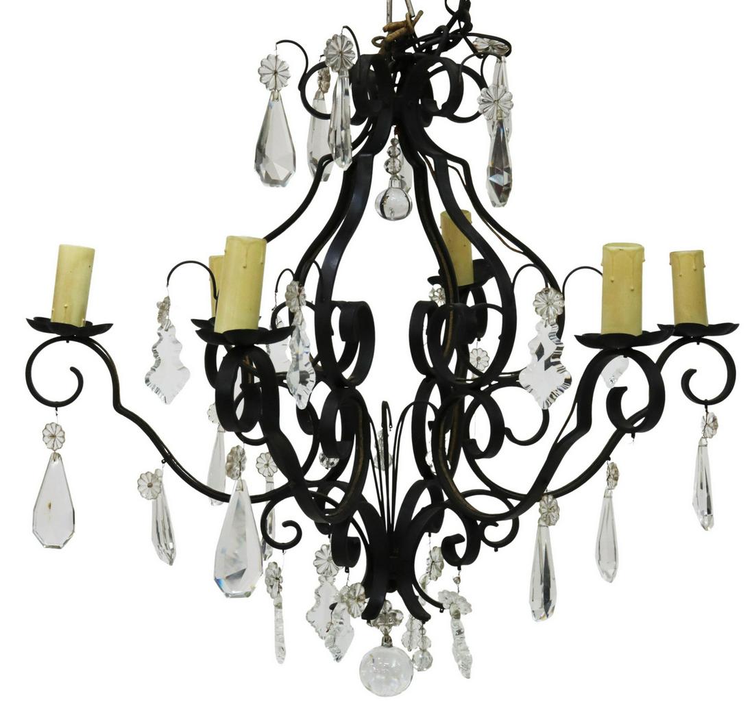 FRENCH WROUGHT IRON & CRYSTAL SIX-LIGHT CHANDELIER (1 of 2)