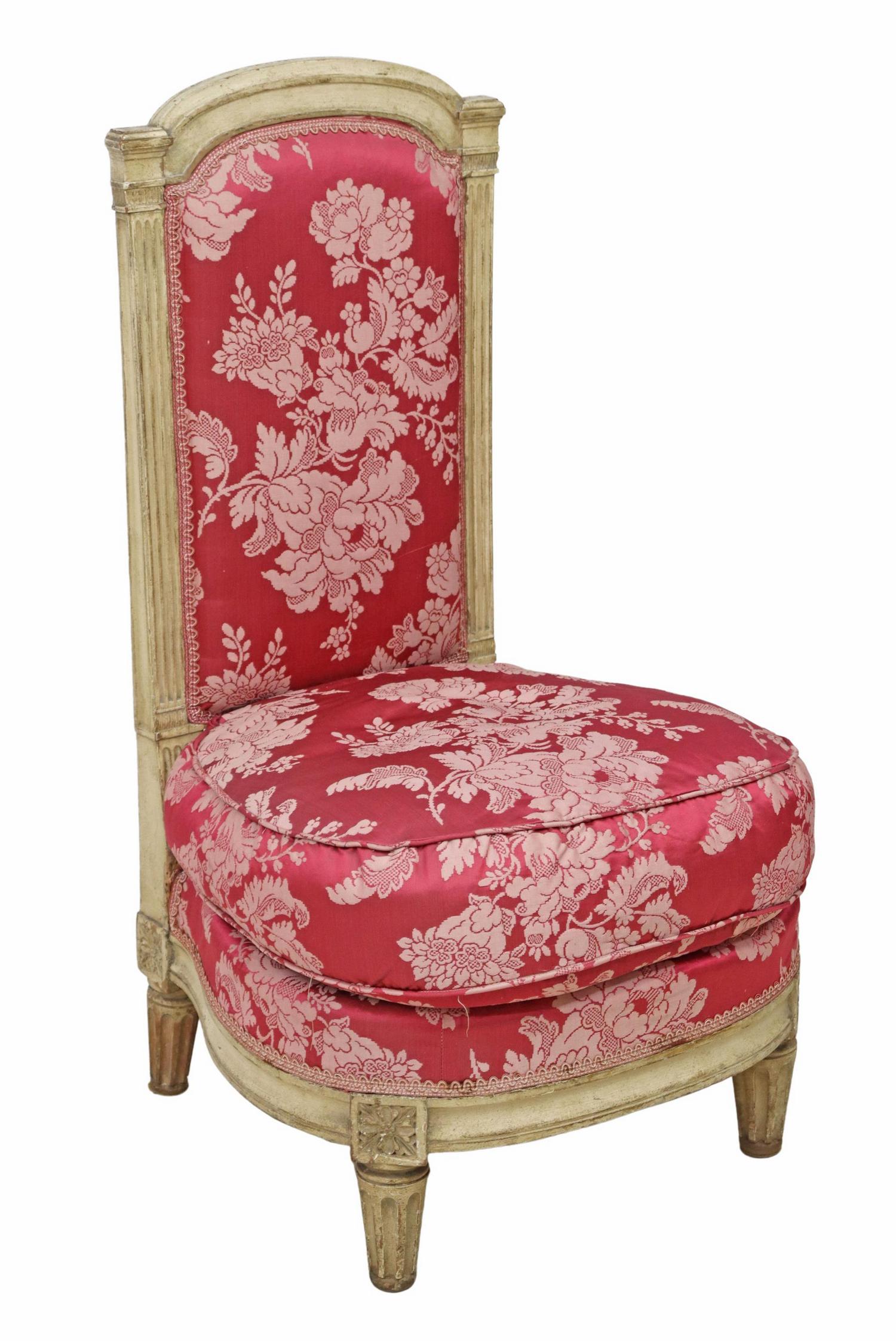LOUIS XVI STYLE DAMASK UPHOLSTERED PRIE-DIEU: French Louis XVI style prie-dieu/ prayer chair, 19th c., painted frame, damask upholstery, loose cushion, rising on tapered fluted legs, approx 35"h, 20"w, 19"d Start Price: $100.00