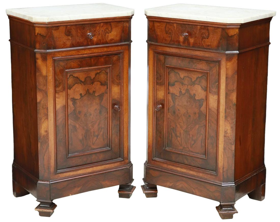 (2) ITALIAN MARBLE-TOP FIGURED WALNUT NIGHTSTANDS (1 of 6)