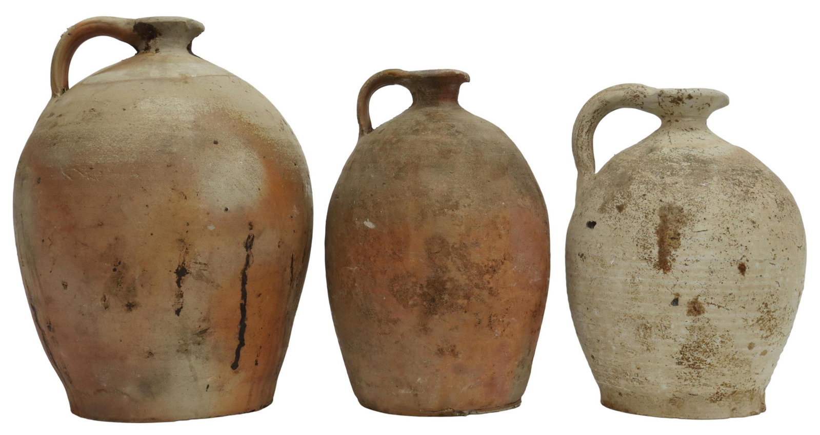 (3) FRENCH PROVINCIAL EARTHENWARE OIL JUGS: (lot of 3) French Provincial earthenware oil jugs, single handled, with pour spout, expected chips, largest: 13"h, 10"w, 20lbs total Start Price: $100.00