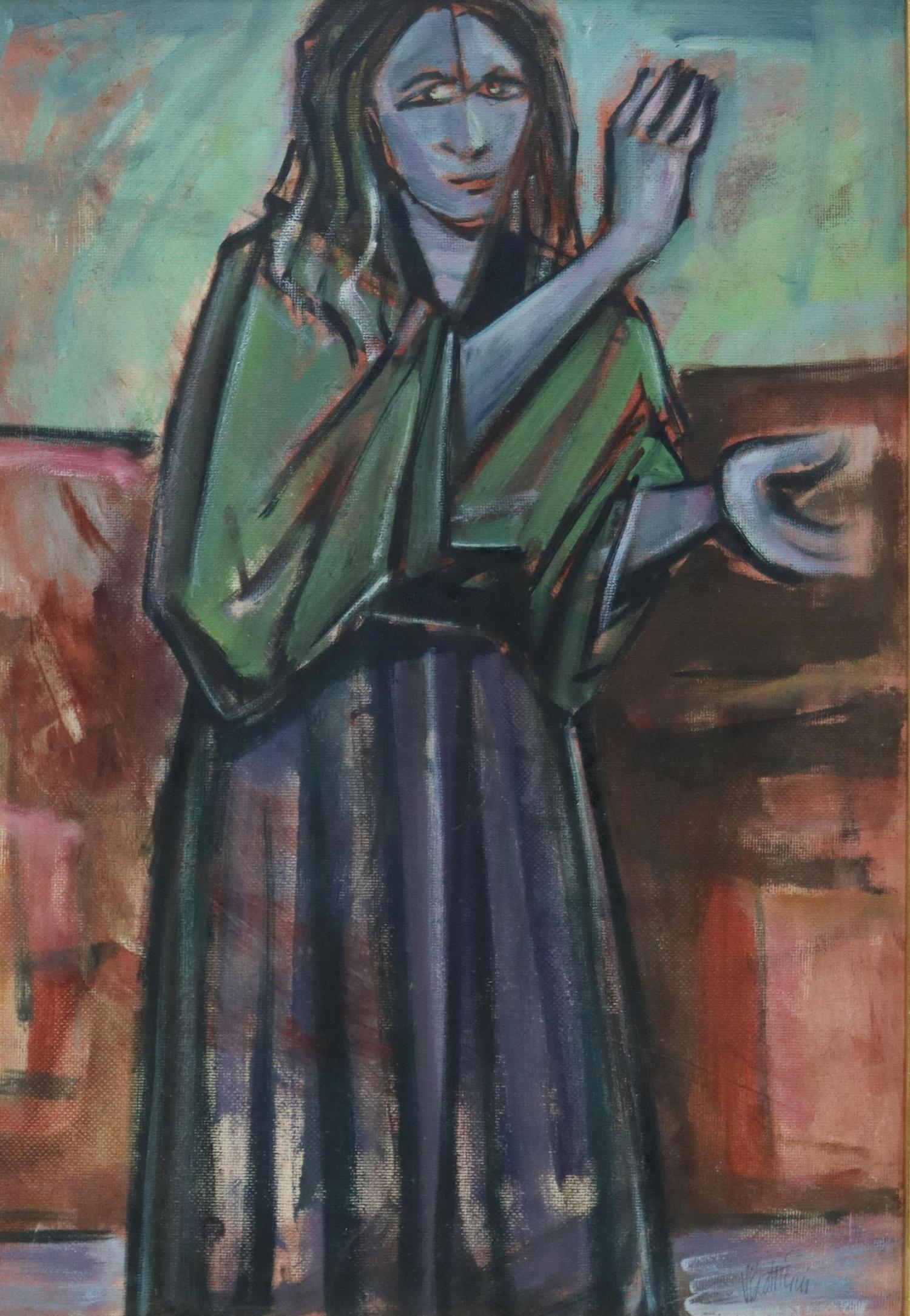VITTORIO BOTTICINI (1909-1978) PORTRAIT OF A WOMAN: Framed oil on canvas board painting, Portrait of a Woman, signed lower right V. Botticini (Vittorio Botticini, Italian, 1909-1978), sight: approx 24.5"h, 17"w, overall: approx 34.75"h, 27"w, 15lbs Sta