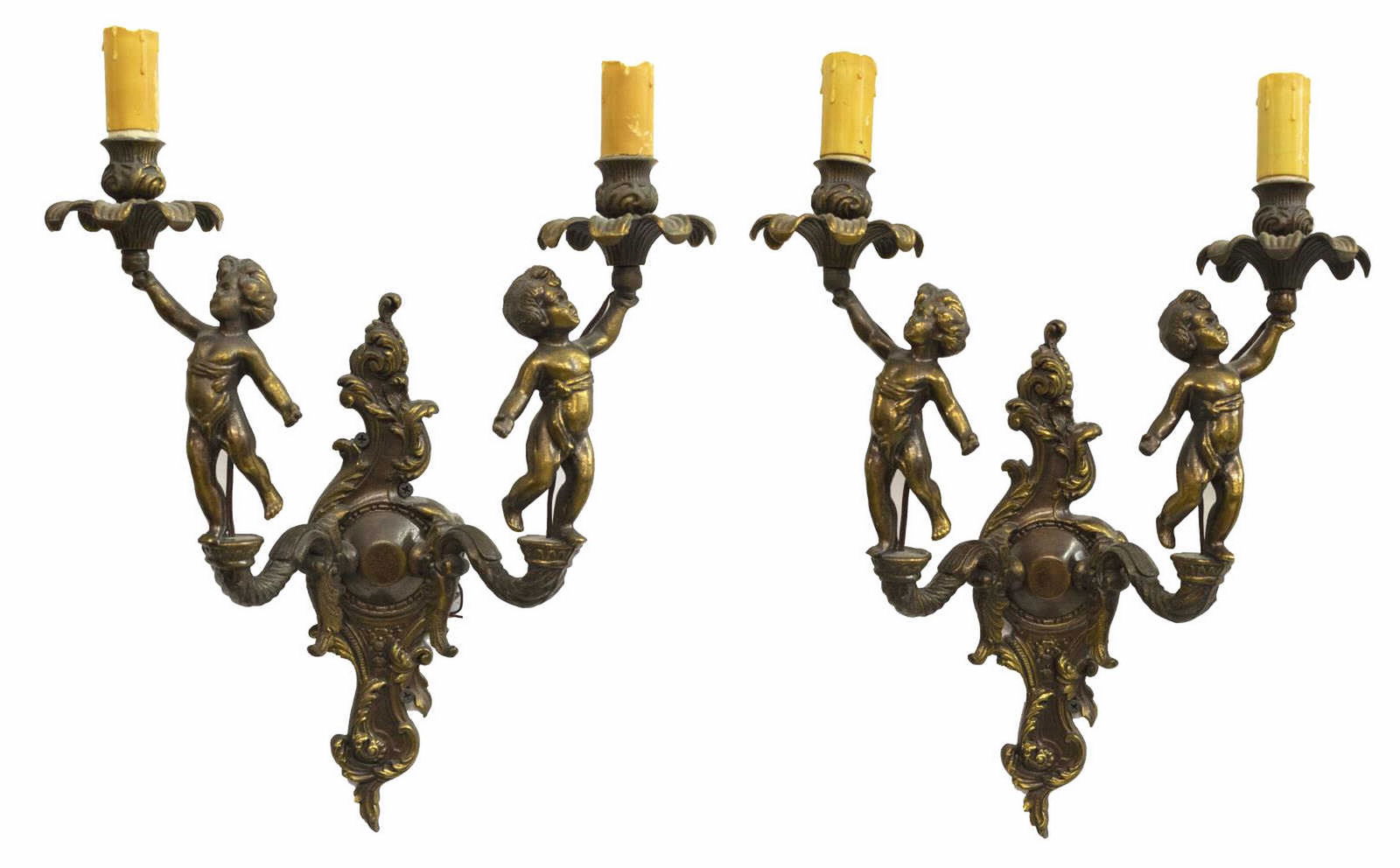 (2) ITALIAN GILT METAL PUTTI TWO-LIGHT WALL SCONCE (1 of 2)