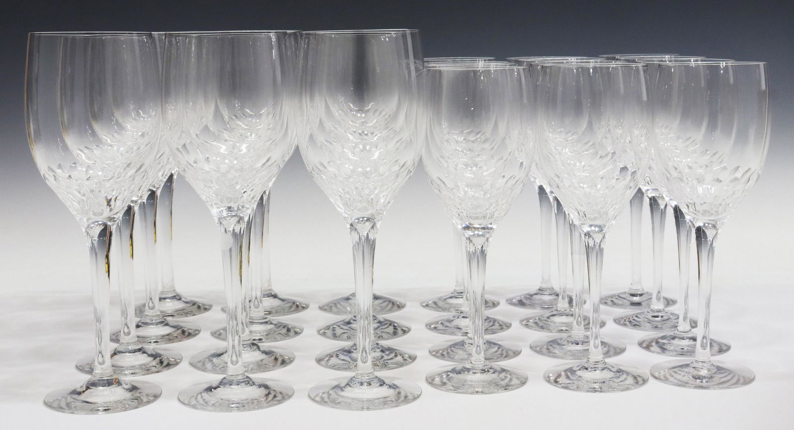 (24) ORREFORS 'PRELUDE' CUT CRYSTAL STEMWARE: (lot of 24) Swedish cut crystal stemware, attributed to Orrefors, in the "Prelude" pattern, unmarked, including: (12) water goblets, approx 8.25"h, (12) claret wine stems, approx 7 3/8"h; 7.25lbs tota