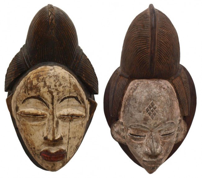 (2) AFRICAN CARVED WOOD MASKS, PUNO, WHITE FACE
