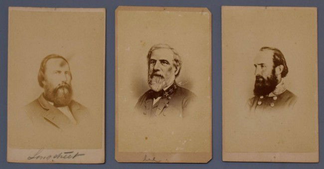 (3) CDV'S CONFEDERATE GENERALS, LEE, LONGSTREET: (lot of 3) CDV images of Confederate Civil War generals: (1) Robert E. Lee (1807-1870), likely from a late war drawing, no back mark; (1) Thomas J. Stonewall Jackson (1824-1863), from an image taken A