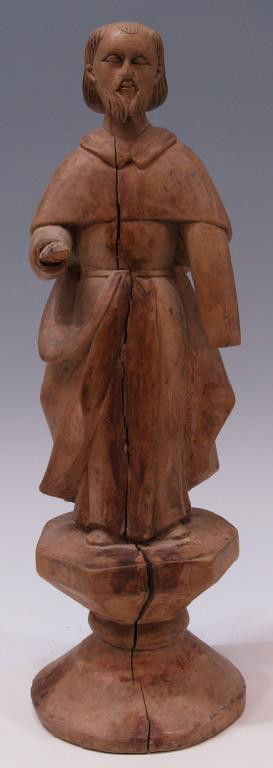 19TH C. NATURAL CARVED WOOD SAINT FIGURE: Spanish Colonial carved wood figure, 19th c., the robed monk in a natural wood finish, standing upon a shaped base, 18"h, 3lbs total Start Price: $150.00