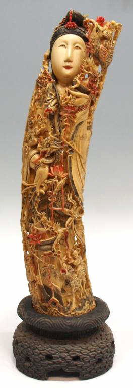 LARGE CHINESE QING/REPUBLIC IVORY TUSK CARVING: *Note-This item will not be shipped Internationally-This item will only ship within the United States* Chinese tinted and polychrome decorated ivory tusk figural carving, late Qing/Republic Period, de