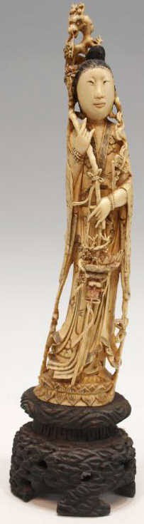 LARGE CHINESE FIGURAL CARVED IVORY TUSK, MAGU: *Note-This item will not be shipped Internationally-This item will only ship within the United States**Chinese tinted and polychromed carved ivory tusk, late Qing Dynasty/ Republic Period, fashioned a