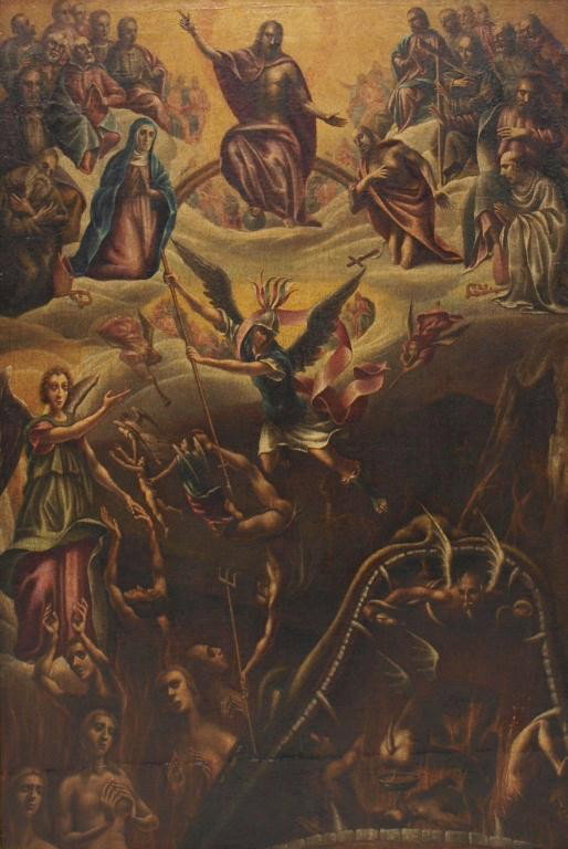 ANTIQUE RELIGIOUS OIL PAINTING, MADRID, SPAIN: Frame oil painting on canvas, God and Sinners, anonymous, Madrid, mid 19th c., God and Saints watch from above as the Archangel Michael punishes sinners in Hell, possibly based on central panel of the