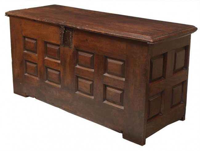 ANTIQUE SPAIN PANELED CHEST, TRUNK, EARLY 19th C.: Large Spanish lift top oak storage chest, Madrid, early 19th c., paneled construction, mortise tenon joinery, hand forged hardware, raised on block feet, 32.5"h, 65"w, 25"d Start Price: $600.00
