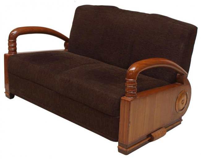 SPANISH MID-CENTURY MODERN LOUNGE SOFA: Modern Art Deco oak framed lounge sofa, Madrid, in brown upholstery, 30"h, 54"w, 30"d Start Price: $300