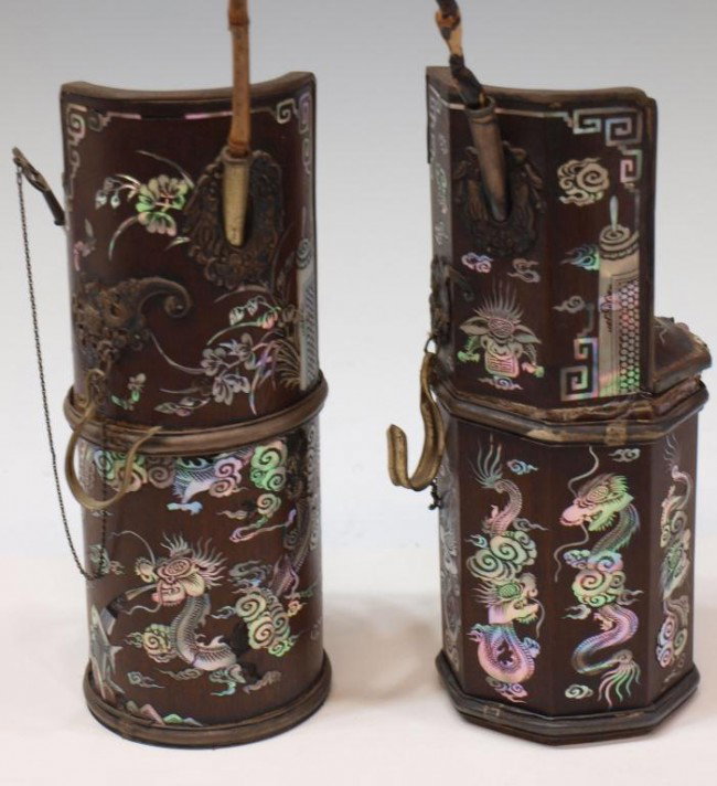 VIETNAMESE MOTHER-OF-PEARL INLAID WATER PIPES: (lot of 2) Vietnamese inlaid wood opium water pipes, (1) of paneled form, (1) cylindrical with characters inlaid on one side, each with fine inlays of mother-of-pearl showing dragons and cloud work, o