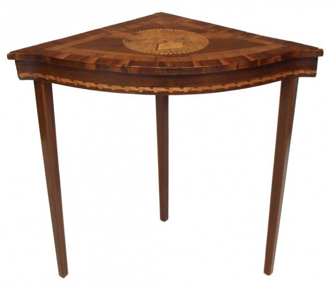 ANTIQUE SPAIN MARQUETRY INLAID CORNER TABLE: Spanish marquetry corner table, early 1800's, banded and inlaid with contrasting woods, circular reserve patterned with mandolin and flowers, on tapered supports, minor veneer loss, 30.5"h, 34.5"w, 21