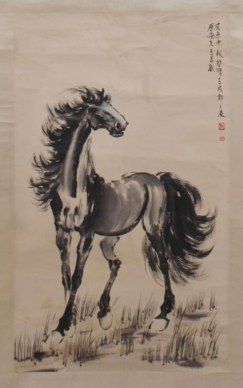 CHINESE HANGING SCROLL PAINTING, HORSE, XU BEIHONG: Chinese painted hanging scroll, Horse, characters and seal, signed Xu Beihong, paper on silk paper, creases, some spotting/discoloration, sight: 40"h, 24"w, overall: 77"l, 1lb Start Price: $150.00
