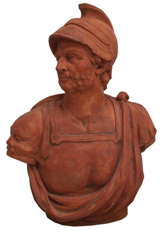 LARGE TERRACOTTA BUST, SOLDIER, AFTER ROUCOURT: A large terracotta bust modeled as a Roman soldier, after the antique by F. Roucourt, 36"h, 27"w, 58"d Start Price: $300.00