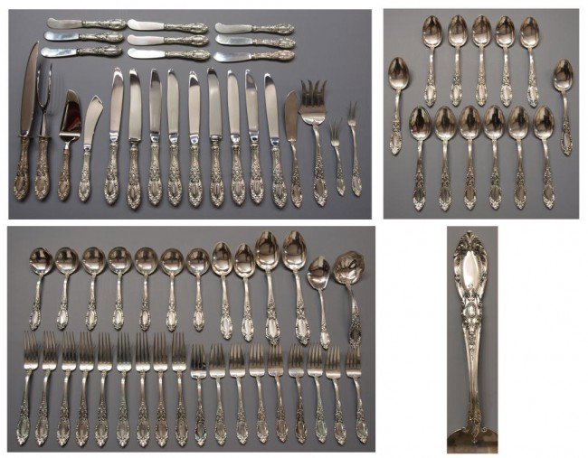 ALVIN "PRINCE EUGENE" STERLING SILVER FLATWARE SET: (set of 63) Alvin sterling silver flatware service for (12), 'Prince Eugene', comprising: (12) dinner knives, 9.5"l; (1) master butter knife, 6.75"l; (12) dinner forks, 7.75"l; (12) salad forks, 6.5"l
