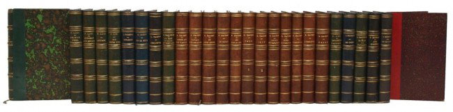 (27) FRENCH QUARTER LEATHER BOOKS, SEVERAL COLORS: (lot of 27) French books by various authors published c. 1890, including 12 by Alphonse Daudet (1840-1897), 7 by Pierre Loti (pseudonym of Julien Viaud, 1850-1923), quarter leather, gilt lettering, ma