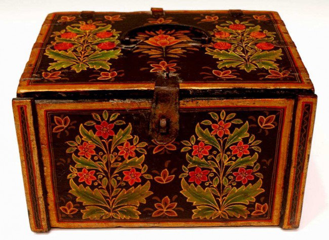 18THC INDIAN MUGHAL LACQUER TABLE CABINET CONTADOR: Indo-Portuguese contador box, late 18th c., the teakwood Indian Mughal lacquer box profusely decorated with flowering foliates on the face and top, a cow, tiger, and horse painted on each of the other