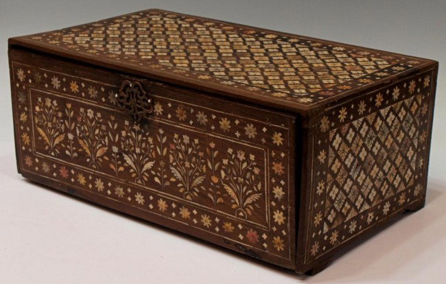 18TH C INDO-PORTUGUESE IVORY & TEAK CONTADOR BOX: **This item will not be shipped Internationally** Indo-Portuguese teakwood contador box, early 18th c., ivory inlays throughout with the front panel being in the typical Mughal flowering plant pattern
