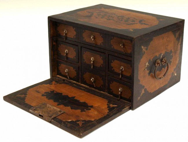 17TH C INDO-PORTUGUESE EBONY CONTADOR TABLE BOX: Indo-Portuguese teakwood contador box, Goa, 17th c., with ebony inlays and banding throughout, iron handles on sides, iron escutcheon on the fall-front panel, opening to a selection of six drawers mou