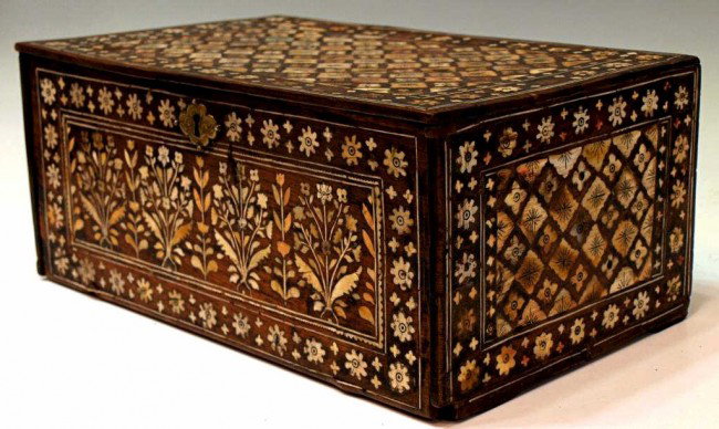 18TH C INDO-PORTUGUESE IVORY & TEAK CONTADOR BOX: Indo-Portuguese contador box, early 18th c., fashioned of teakwood and completely inlaid with ivory with Mughal flowering plant decoration, the interior fitted with a selection of varied drawers, rest