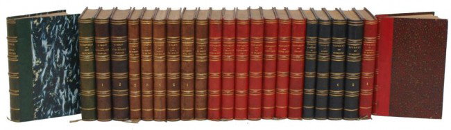 (23) FRENCH QUARTER LEATHER BOOKS, SEVERAL COLORS: (lot of 23) French books by various authors published c. 1890, including 7 by Guy de Maupassant (1850-1893), 6 by Leo Tolstoi (1828-1910), quarter leather, gilt lettering, marbelized boards and endpap