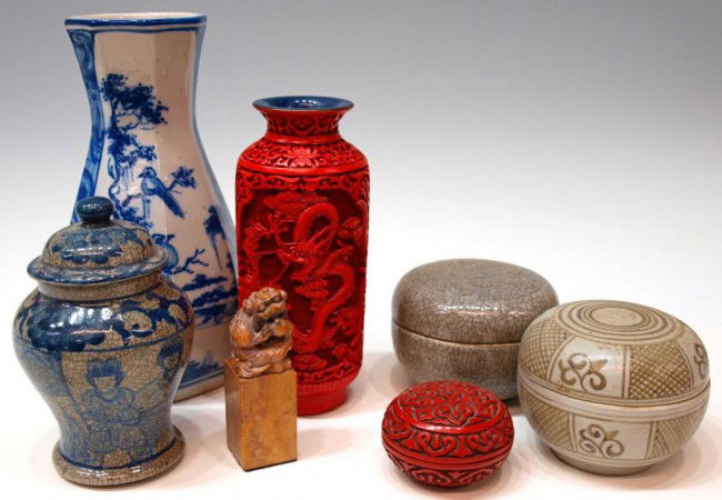 GROUP OF ASSORTED ASIAN CERAMICS & OBJECTS: (lot of 7) Group of assorted Asian decorative objects with vases and covered jars, assorted materials and motifs, largest: 9.75"h, 8.5lbs total Start Price: $80.00