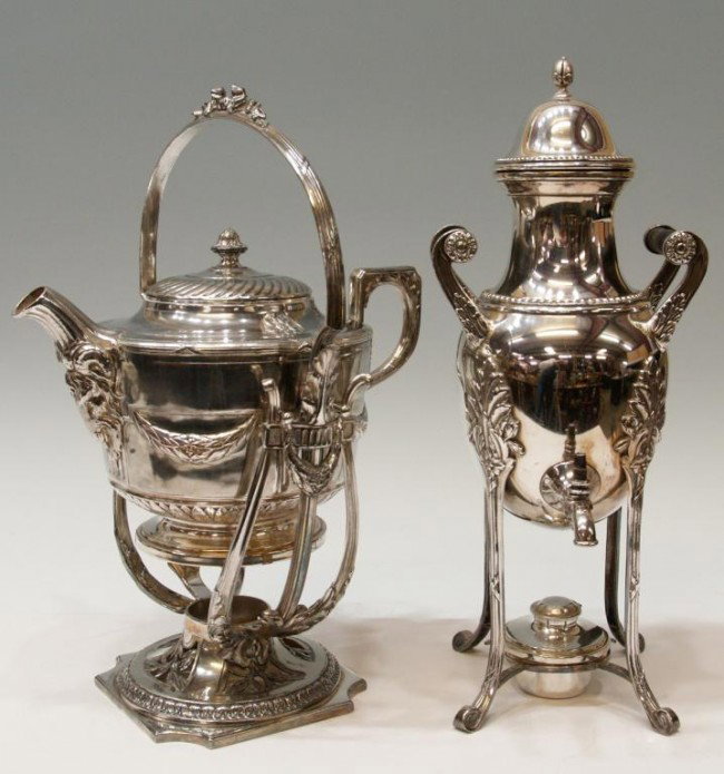 FRENCH SILVER PLATE KETTLES, ORFEVRERIE GALLIA: (lot of 2) French silver plate kettles, early 20th c., including: (1) Orfevrerie Gallia tilting tea kettle on stand in the style of Louis XVI with relief draped garland and ribbon motif , a rams head 