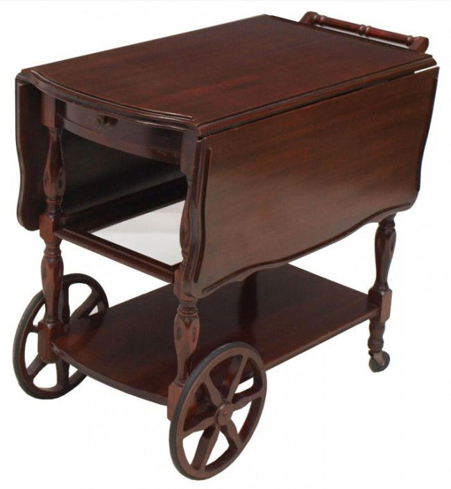 392 MAHOGANY DROP LEAF TEA CART, DRAWER & GLASS TRAY
