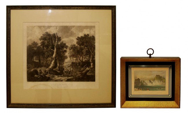(2) FRAMED ANTIQUE ENGRAVNGS, ONE COLOR: (lot of 2) Framed engravings: (1) "Landscape with Trees", after Jacob Van Ruisdael (Dutch, 1628/29-1682), published John Hendricks, London, 19th c., sight: 12"h, 14"w, overall: 18.25"h, 20.25"w, stain