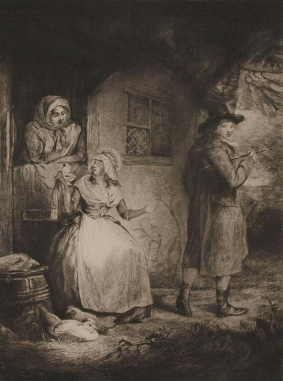 ETCHING AFTER GEORGE MORLAND (1763-1804): Unframed etching on hard paper board, "Valentines Day, The Fairing" after a work by George Morland (English, 1763-1804), sight: 8/75"h, 6.75"w, overall: 11"h, 8.75"w, 1lb Start Price: $50.00