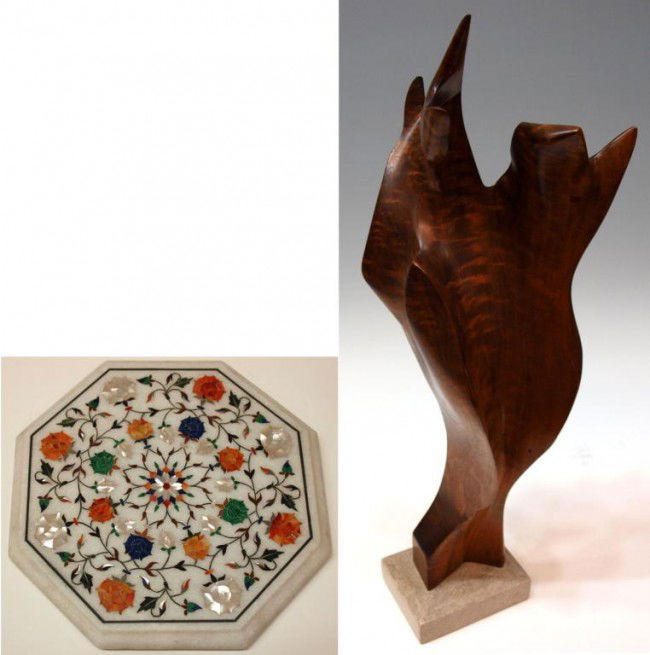 COLORFUL PIETRA DURA SLAB & CARVED WOOD SCULPTURE: (lot of 2) Decorative objects comprising: (1) octagonal Pietra Dura slab colorfully inlaid in floral patterns, 12"w, 12"d; (1) free form carved wood sculpture on a fossilized granite-like base, signed